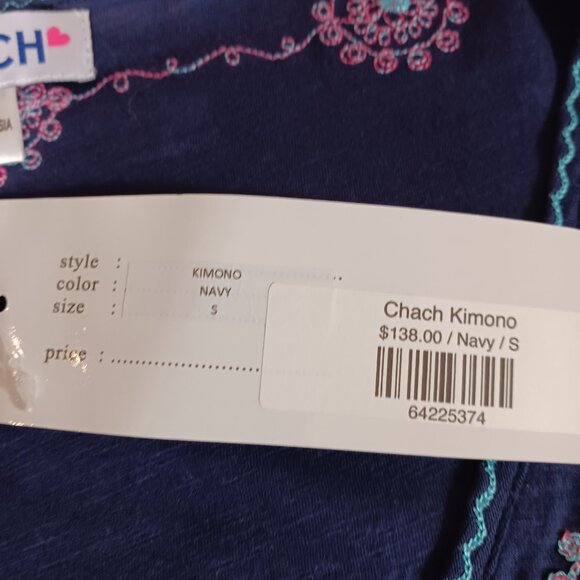 Chach, NWT,  Maxi Kimono, Boho, Navy w/ Pink & Aqua Trim, Whimsical, Small - Picture 3 of 14